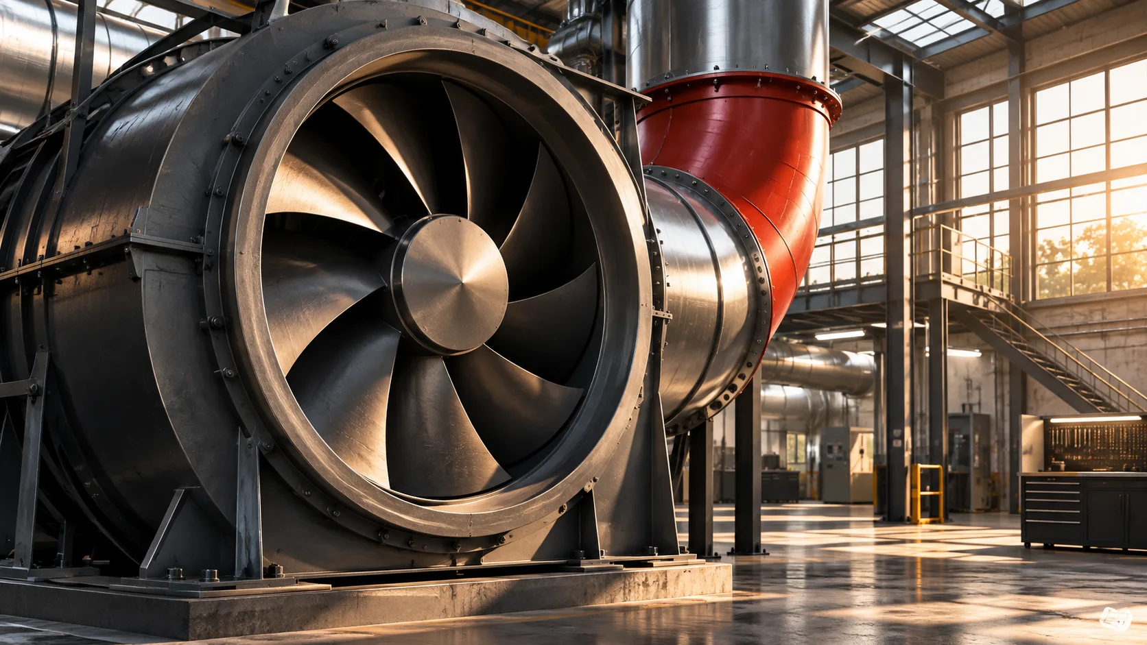 Editorial illustration of an industrial fan and extraction ducting in a workshop