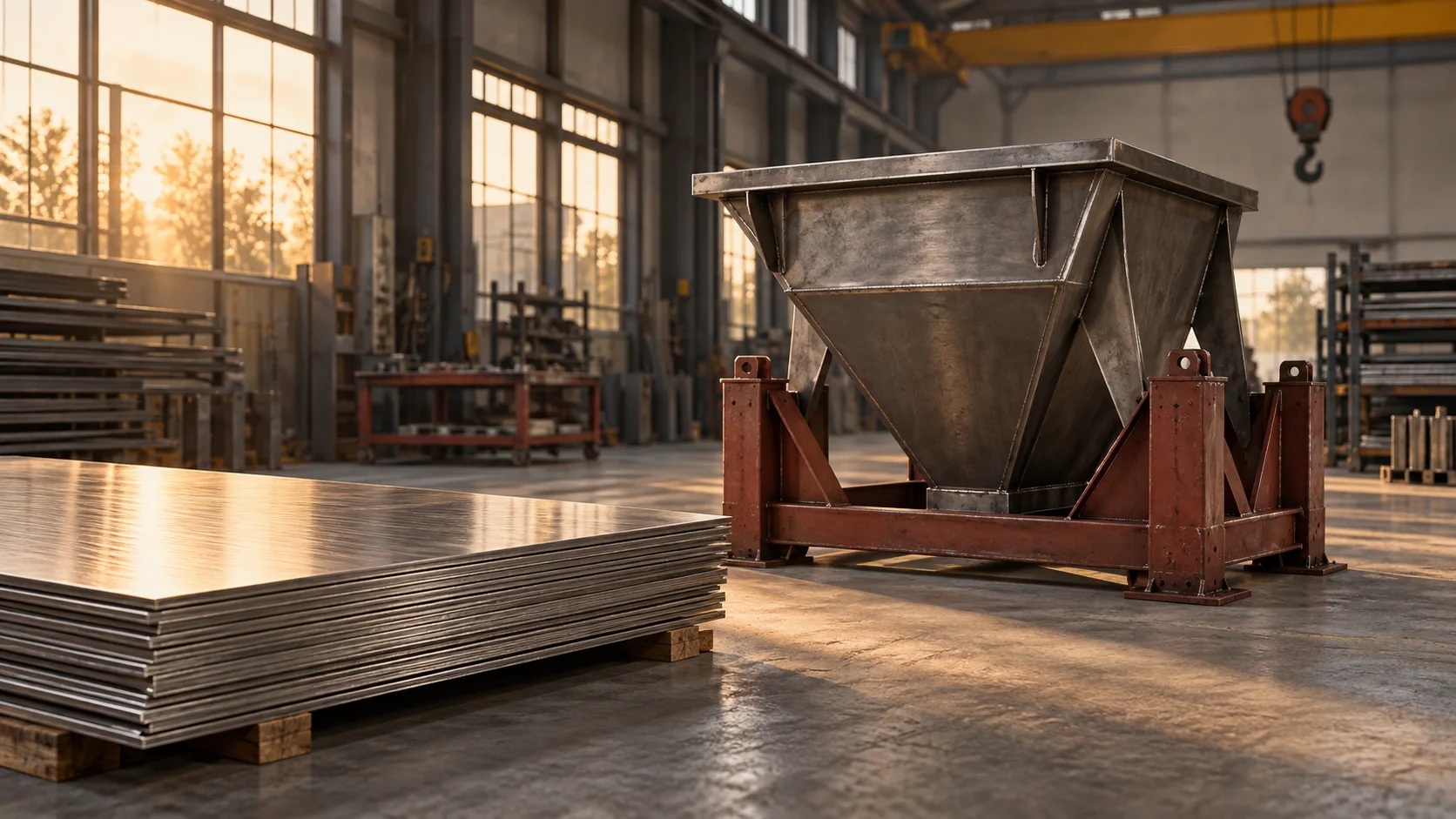 Conceptual editorial illustration of steel fabrication in a workshop; not the incident site