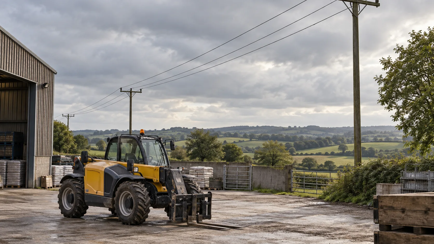 Editorial illustration of overhead electricity lines beside a yard with a parked telehandler